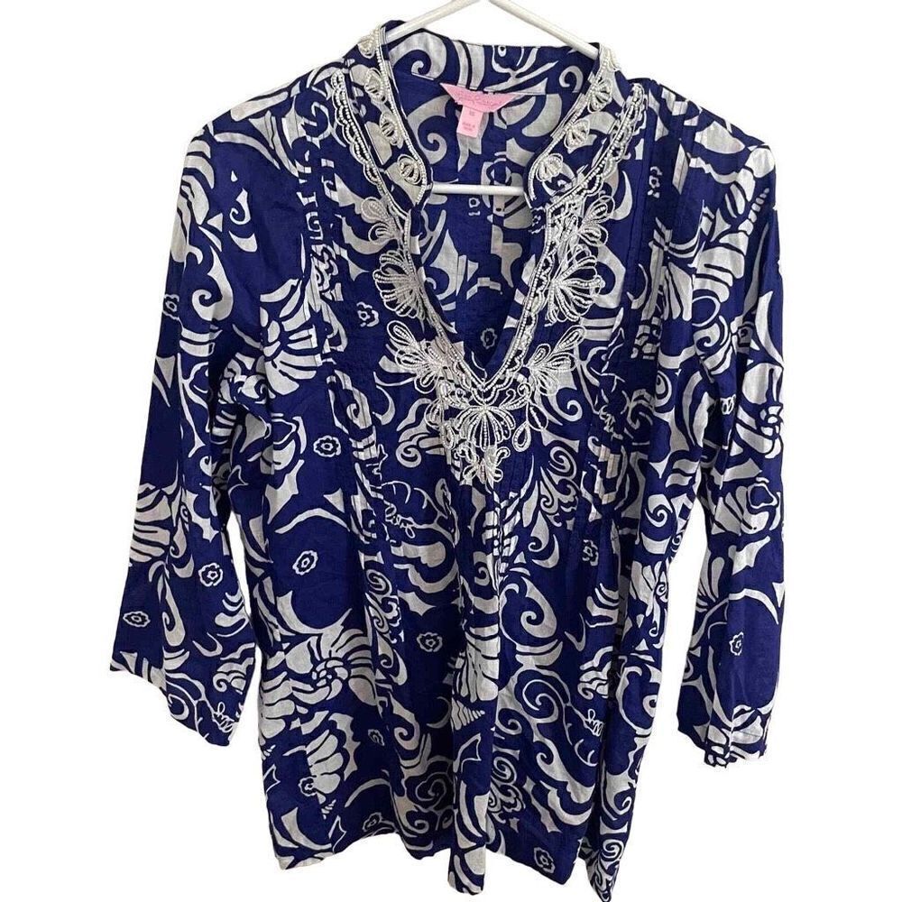 Lilly Pulitzer Blue White Embroidered Sarasota Tunic Shirt 100% Cotton Size XS